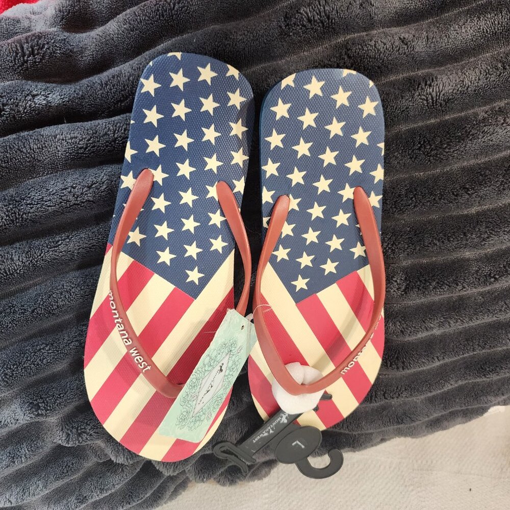 Montana West Red White and Blue Stars and Stripes Womens Flip Flops Size L 9/10 - Picture 9 of 16